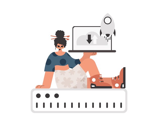 Vector the flooding lady is holding a obliging workstation which is synchronized with the information capacity kept trendy style vector illustration