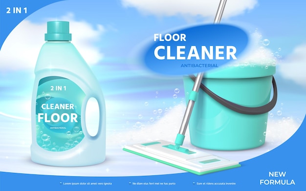 Floor cleaning product poster with realistic mop and bucket with foam. surface cleaner bottle with bubbles, floor detergent ad vector design