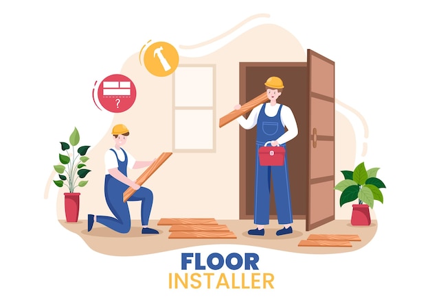 Floor Installation Cartoon Illustration with Repairman Wood or tile Floors in House Renovation