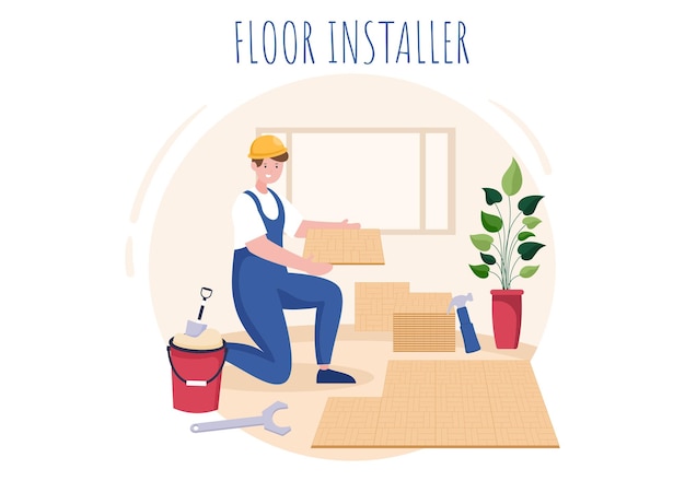 Vector floor installation cartoon illustration with repairman wood or tile floors in house renovation