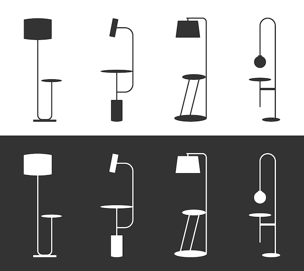 Vector floor lamp pictogrammen set vier vector pictogrammen zwart op een witte achtergrond en wit op een zwarte achtergrond