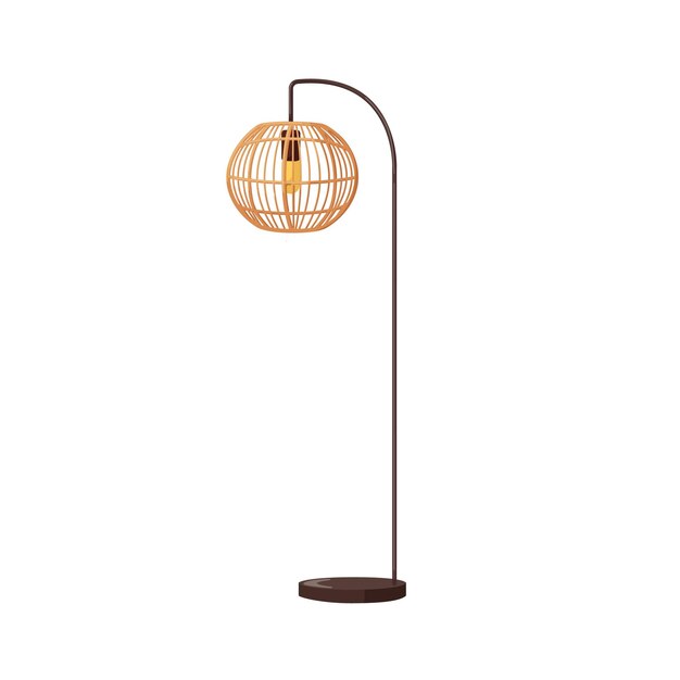 Vettore lampada da terra con ombra di vimini di rattan gamba di metallo alta in stile boho moderno lampadina elettrica tessuta lampada decorazione di luce interna illustrazione vettoriale grafica piatta isolata su sfondo bianco