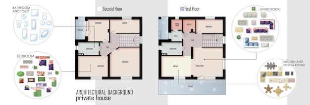 Floor Plan with furniture set top view for interior design of a house Colored Architectural Technical floor plan Three Bedrooms apartment architectural CAD drawing Vector kit with design elements