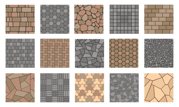 Vector floor stone pattern pavement tile of stone bricks and concrete road sidewalk and garden patio ground outdoor paving plan vector path tile top view
