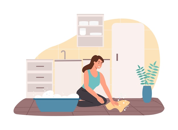 Vettore lavare il pavimento a casa amante e faccende domestiche routine quotidiana giovane ragazza pulisce la cucina bellezza