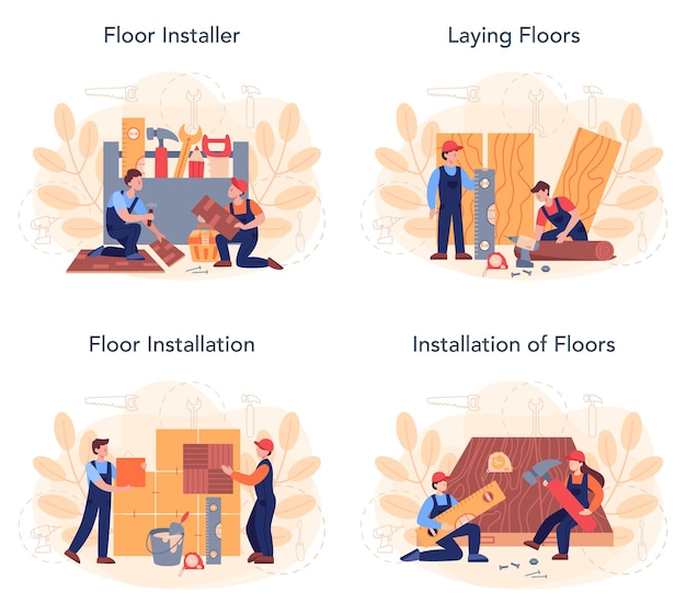 フローリングインストーラーセット。プロの寄木細工の敷設、木製またはタイル張りの床。