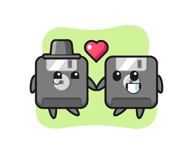 Floppy disk cartoon character couple with fall in love gesture