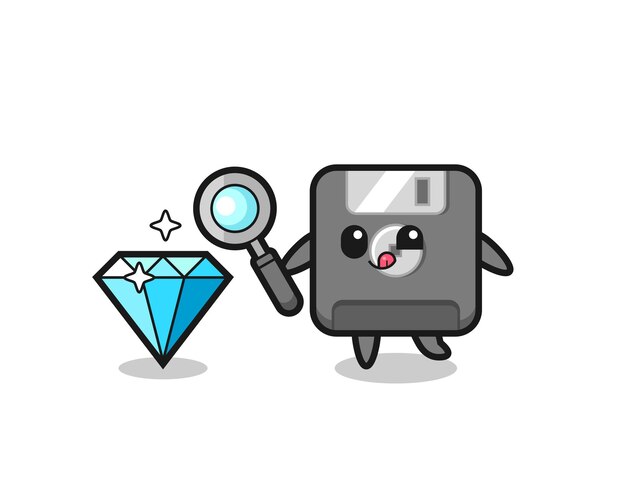 Floppy disk mascot is checking the authenticity of a diamond