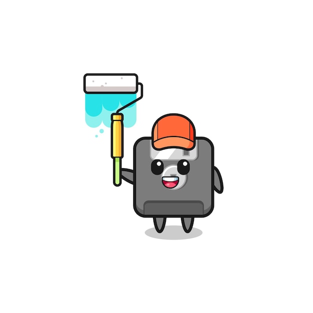 The floppy disk painter mascot with a paint roller , cute design