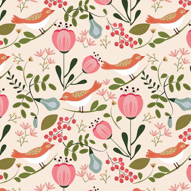 Flora and bird pattern on pink background