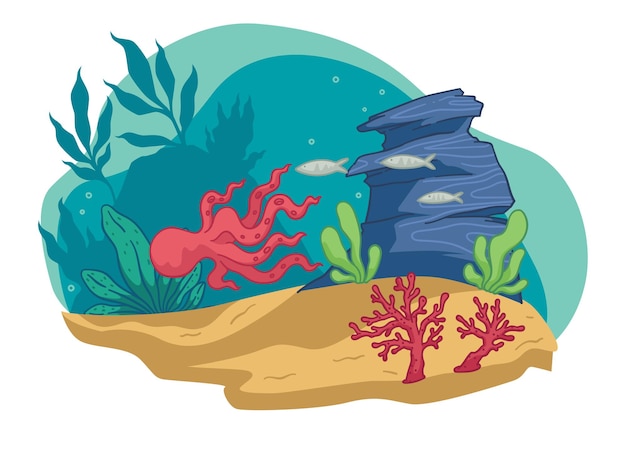 Flora and fauna underwater, aquarium with aquatic creatures and seaweed. Octopus floating in water. Sea or ocean depth with corals, foliage and animals, stone decoration. Vector in flat style