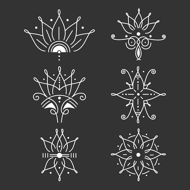 Collezioni di set di simboli etnici astratti floreali in bianco e nero