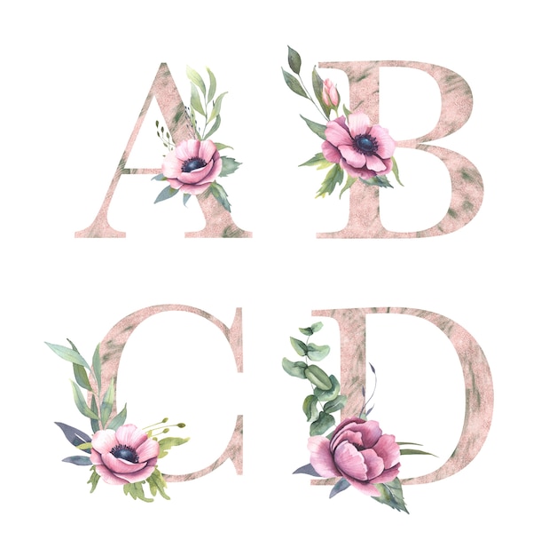 Floral alfabet, brieven collectie met aquarel bloemen en groen blad. a, b, c, d.