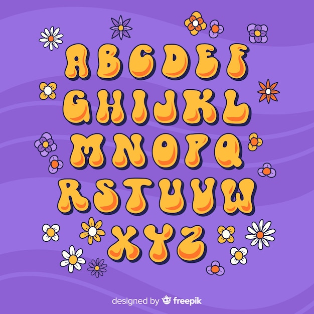 Floral alphabet in 60's style in flat design