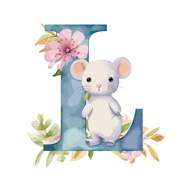 Floral alphabet letter L with watercolor flowers and cute animal