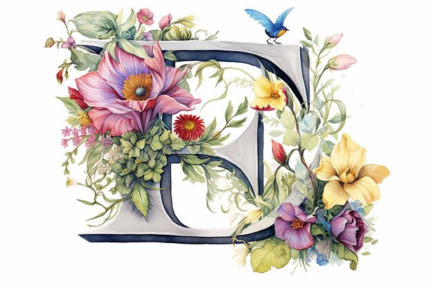Vettore lettera dell'alfabeto floreale con acquerello fiori blu marina e foglia iniziali del monogramma perfettamente