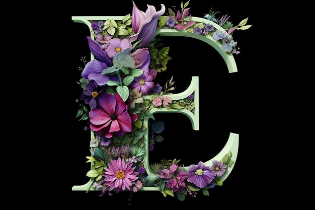 Vector floral alphabet letter with watercolor navy blue flowers and leaf monogram initials perfectly