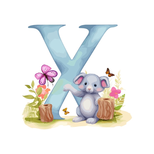 Floral alphabet letter X with watercolor flowers and cute animal