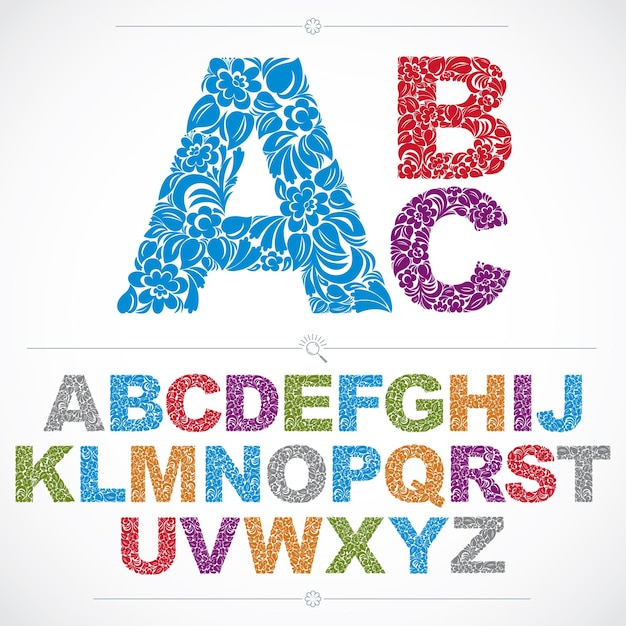 Floral alphabet sans serif letters drawn using abstract vintage pattern, spring leaves design. Colorful vector font created in natural eco style.