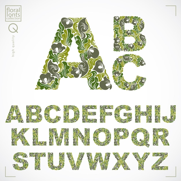 Vector floral alphabet sans serif letters drawn using abstract vintage pattern, spring leaves design. vector font created in natural eco style.