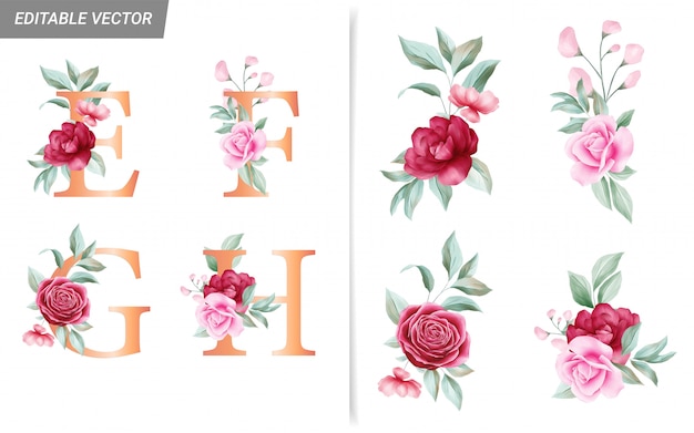 Floral alphabet set with watercolor flowers elements