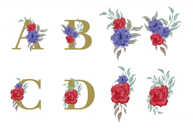 Floral alphabet set with watercolor flowers elements