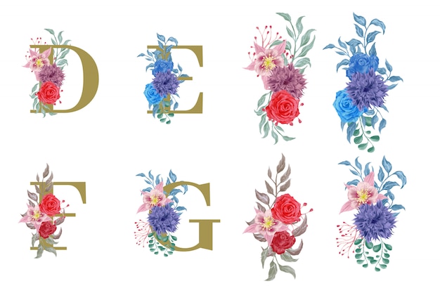 Floral alphabet set with watercolor flowers elements