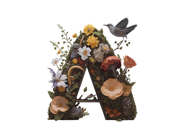 Vettore alfabeto floreale lettera a dell'alfabeto florale decorata da fiori