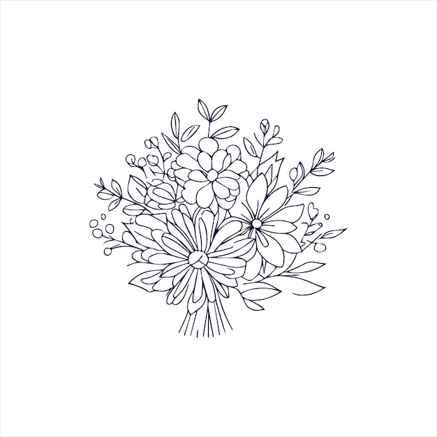 Vettore composizione floreale e bouquet doodle line art illustrazione di fiori disegnati a mano