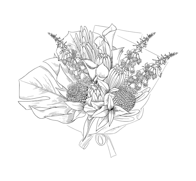 Vettore composizione floreale, schizzo disegnato a mano, illustrazione. bouquet di bellissimi fiori con foglie di palma monstera, calla, peonie, digitali.