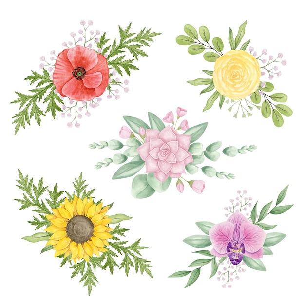 Floral arrangement for wedding in vintage and rustic style Watercolor botanical illustrations