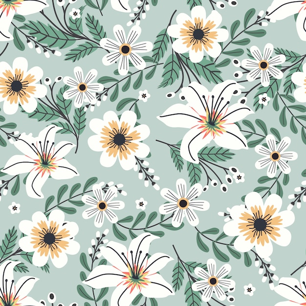 Vector floral  artwork for apparel and fashion fabrics, white flowers wreath ivy style with branch and leaves. seamless patterns background.