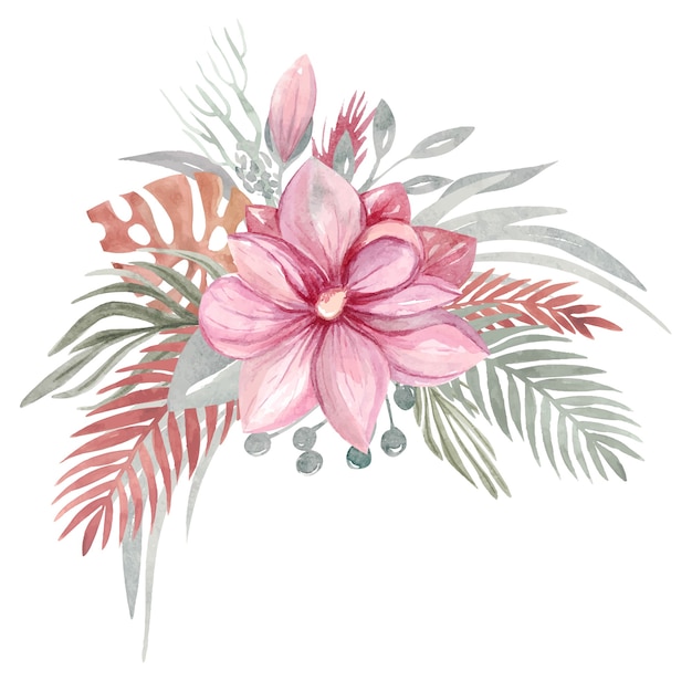 Вектор Цветочные осенние сухие цветы и ветви розовые цветы листьев магнолии, тропических листьев. ботанические элементы. векторная иллюстрация