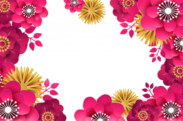 Vettore sfondo floreale fiori primaverili luminosi con effetto carta tagliata. cornice floreale per il design.