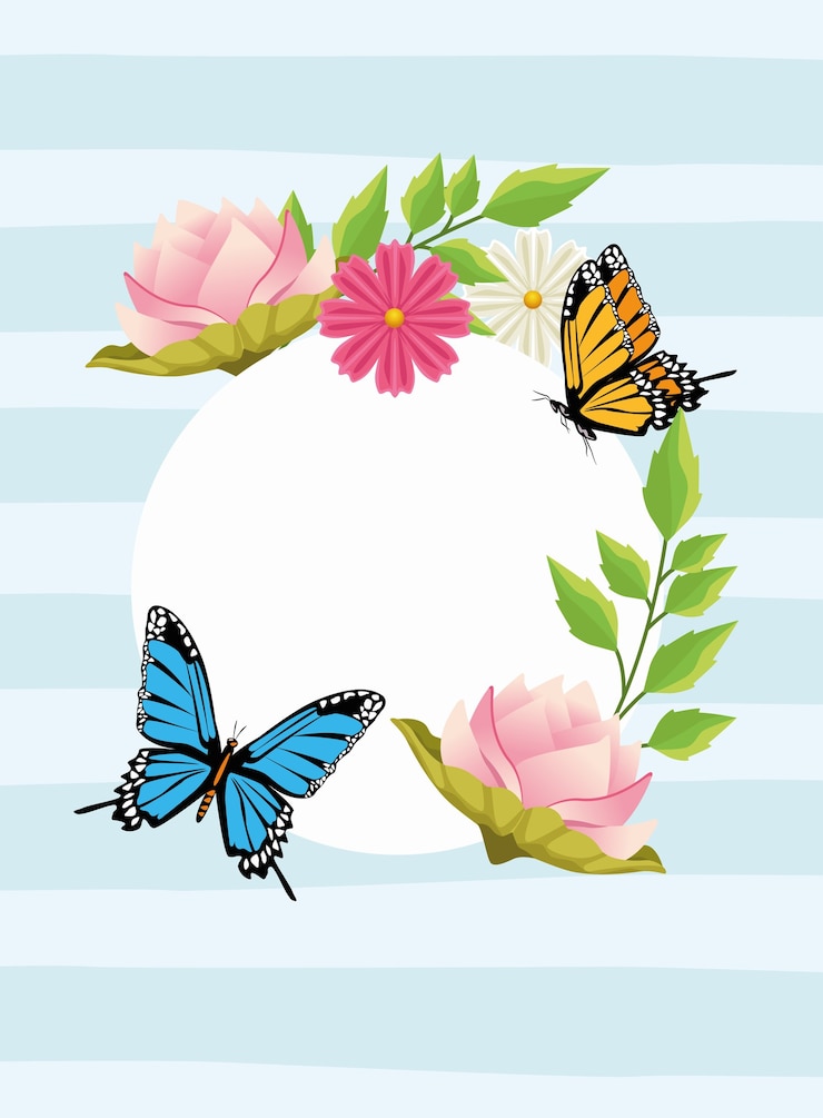 वेक्टर floral background in circular frame with flowers and butterflies.