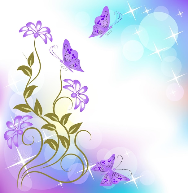 Vector floral background with bokeh and stars