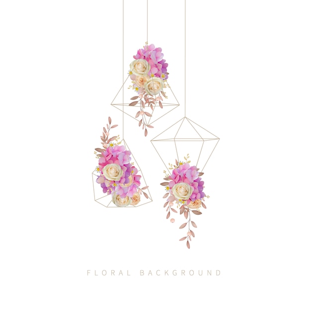 Floral background with floral  pink hydrangea and rose flowers in terrarium