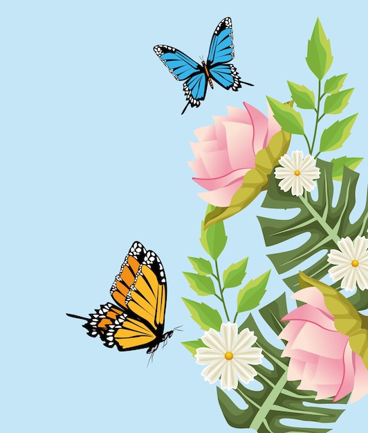 Floral background with flowers and butterflies scene.