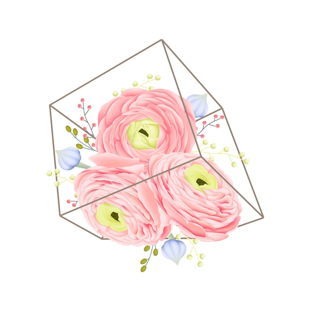 Floral background with ranunculus flower in terrarium