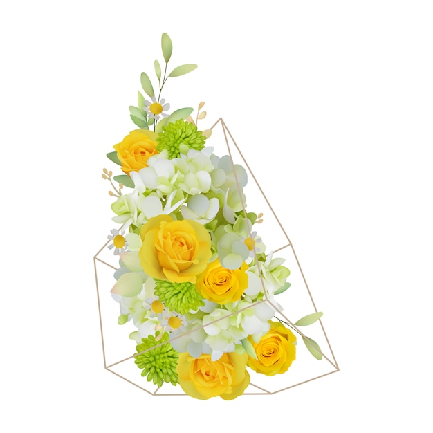 floral background with roses and hydrangea in terrarium