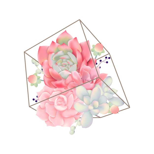 테라 리 움의 Succulents와 꽃 배경