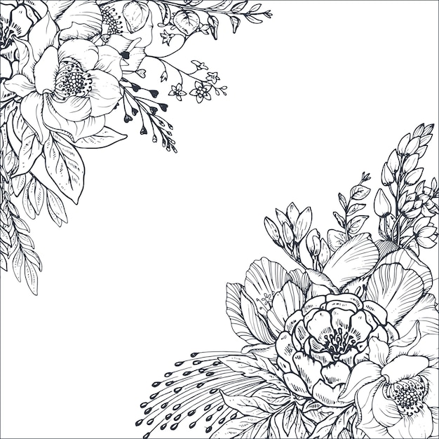 Vector floral backgrounds with hand drawn flowers and plants. monochrome in sketch style.