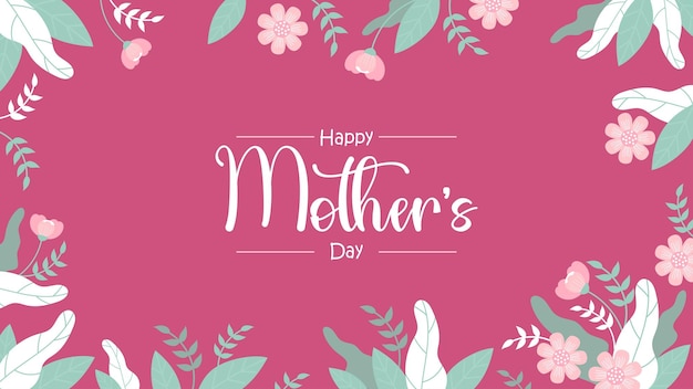 Floral banner Happy Mothers Day Pink flowers on magenta background Horizontal Festive poster