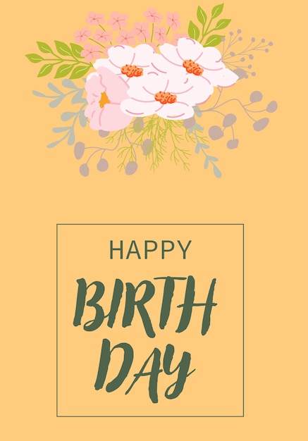 Floral birthday greeting card with pink flowers and leafy accents