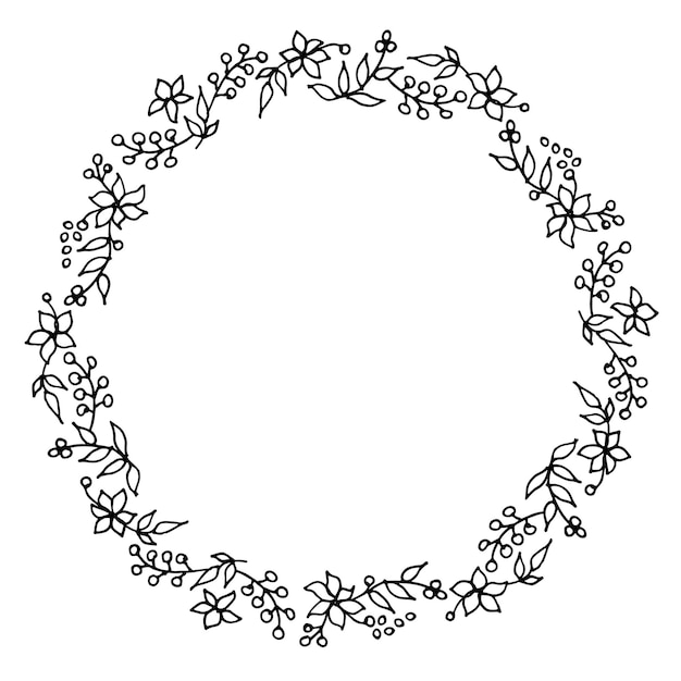 Floral black and white round wreath handdrawn