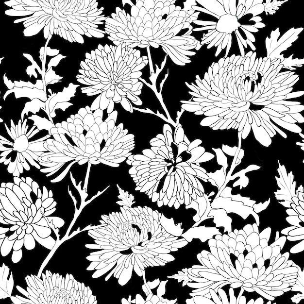 Floral Black and White Seamless Pattern With Chrysanthemum