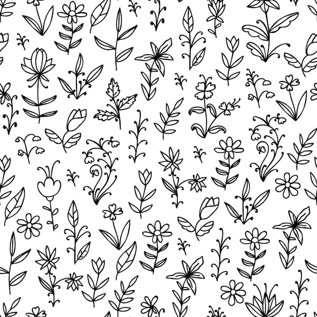 Floral black and white seamless pattern with doodle flowers.
