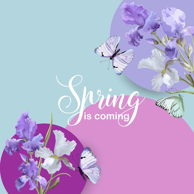 Floral Bloom Spring Banner met paarse irisbloemen en vlinders