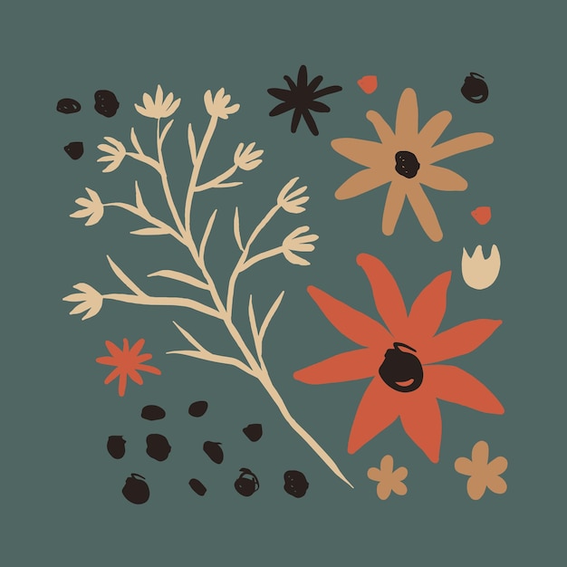 현대 낙서 스타일의 브런치 스퀘어 벡터 일러스트와 함께 꽃 꽃