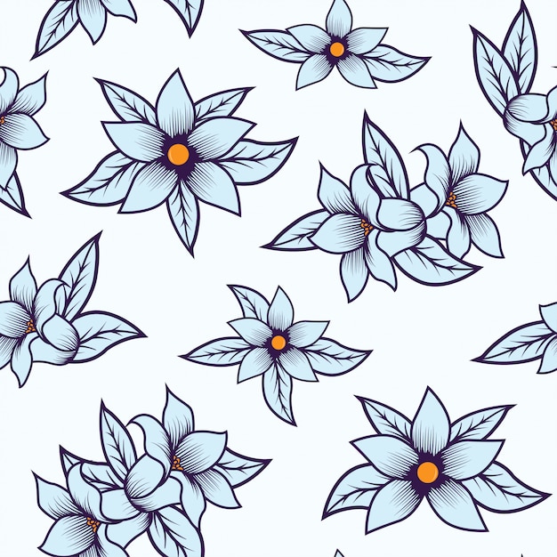 Floral blue seamless pattern isolated with white background